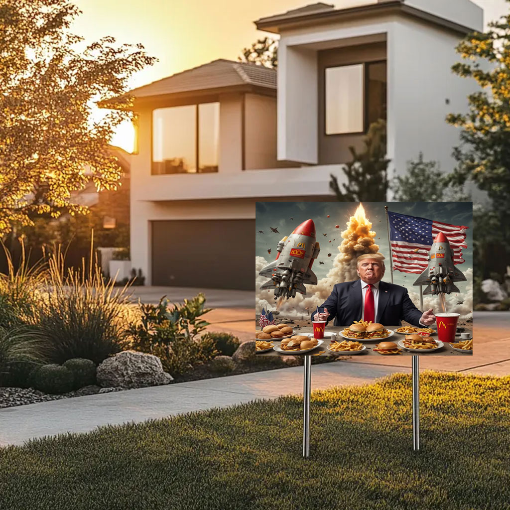Donald Trump Eating McDonalds with Rockets and Nuclear Warheads Launching Yard Sign